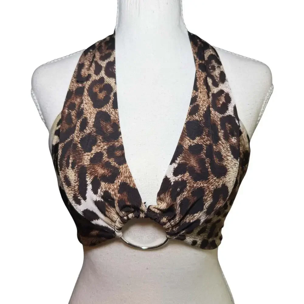 Leopard Print Halter Bikini Top O Ring Double Lined Adjustable‎ Tie Back